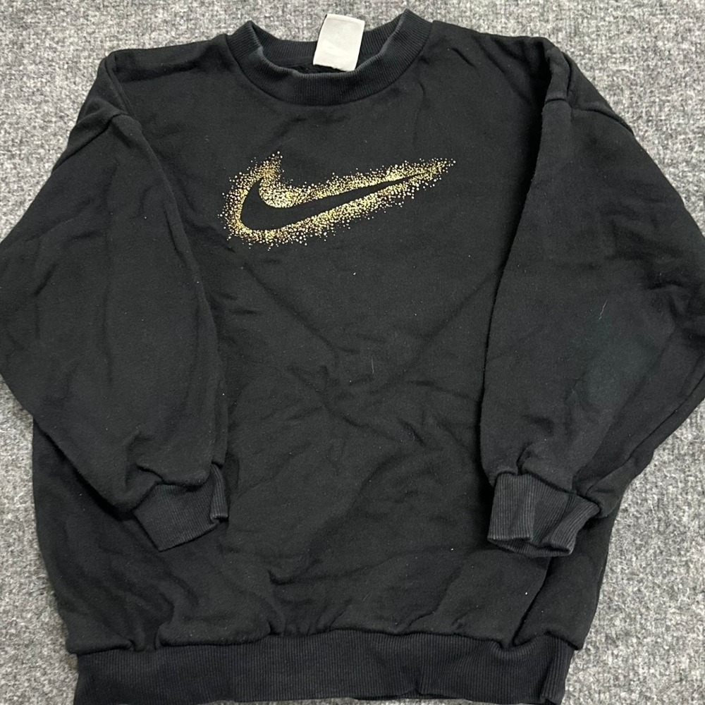 Nike Sweatshirt Womens Size S Black Gold Glitter Swoosh Pullover Crewneck